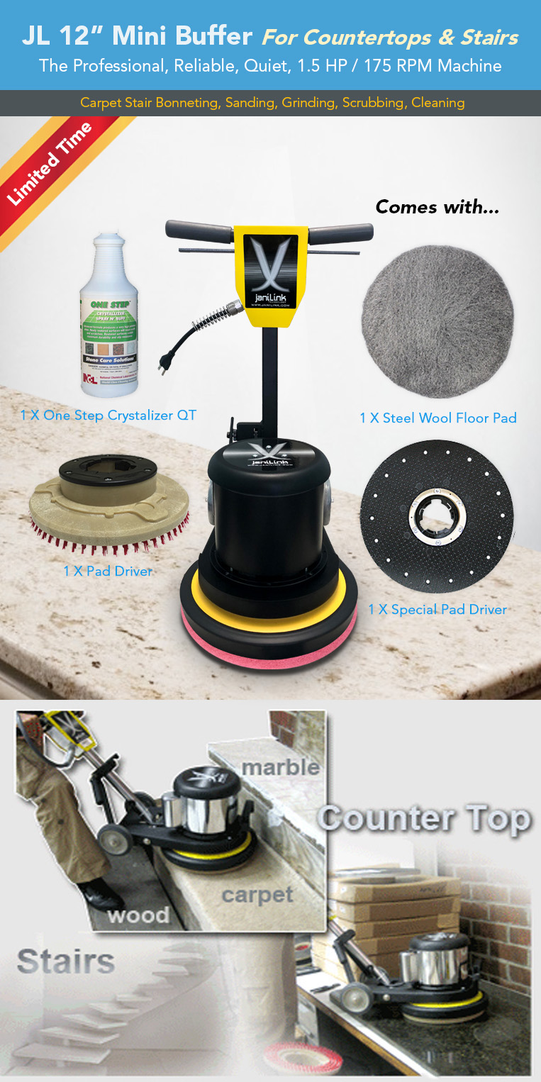 12in mini buffer for countertops and stairs, carpet stair bonneting, sanding, grinding, scrubbing, cleaning, one step crystalizer, steel wool pad, pad driver, marble, carpet, wood.